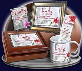 PC-FL09, Name Meaning Card, Wallet Sized, with Bible Verse, personalized, flower, emily pink lily