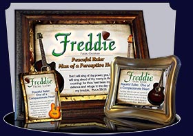 PC-MU15, Name Meaning Card, Wallet Sized, with Bible Verse, personalized, music notes freddie fred frederick guitar acoustic