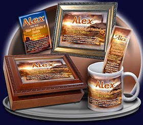 PC-SC21, Name Meaning Card, Wallet Sized, with Bible Verse, personalized, western alex, sunset