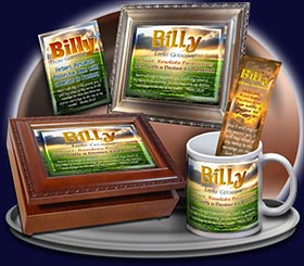 PC-SS04, Name Meaning Card, Wallet Sized, with Bible Verse, personalized, sunset, billy green orange