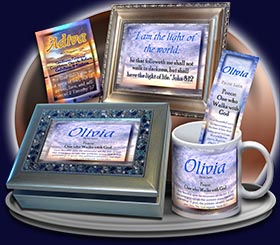 PC-SS15, Name Meaning Card, Wallet Sized, with Bible Verse, personalized, ocean, sunset, Olivia