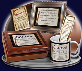 PC-SY44, Name Meaning Card, Wallet Sized, with Bible Verse, personalized, Lauryn book quill journal