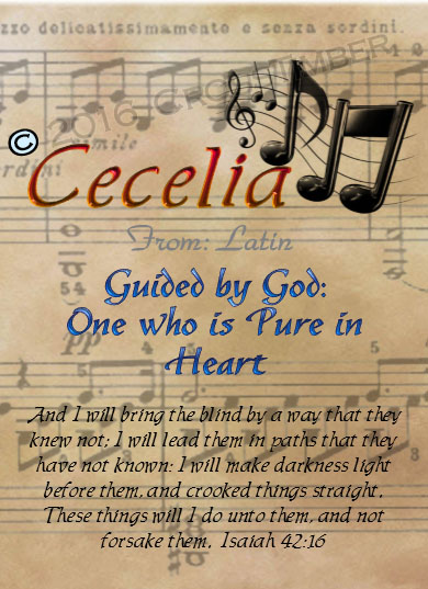 PC-MU11, Name Meaning Card, Wallet Sized, with Bible Verse, personalized, music notes cecelia