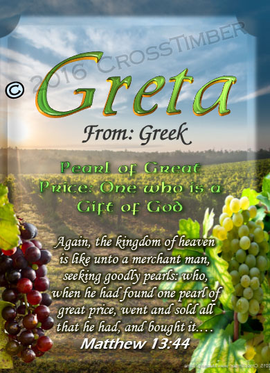 PC-SC14, Name Meaning Card, Wallet Sized, with Bible Verse, personalized, Greta rolling hills peace Italy