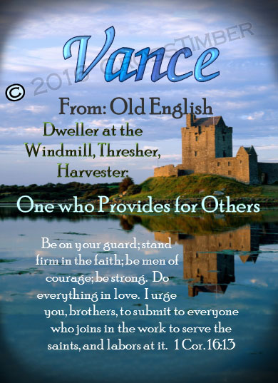 PC-SC34, Name Meaning Card, Wallet Sized, with Bible Verse, personalized, vance castle lake moat