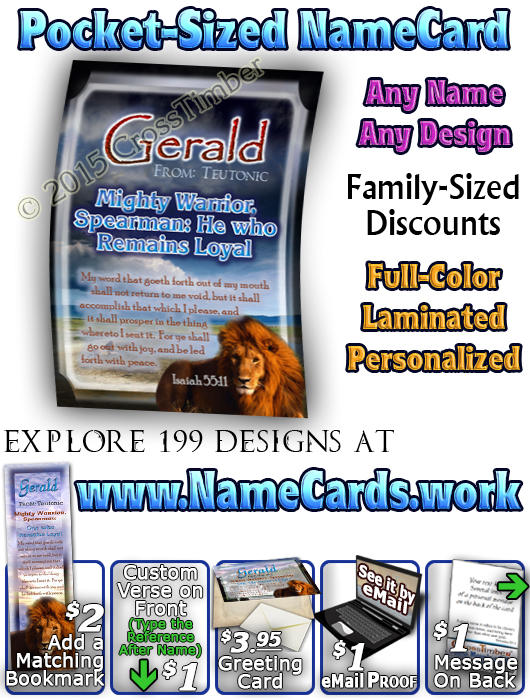PC-AN07, Name Meaning Card, Wallet Sized, with Bible Verse gerald lion, bravery courage