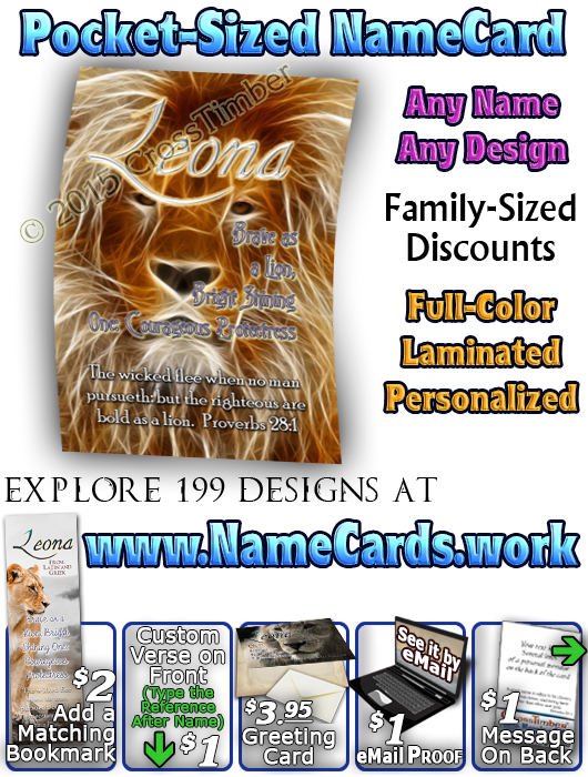 PC-AN08, Name Meaning Card, Wallet Sized, with Bible Verse, leona, lion, africa.