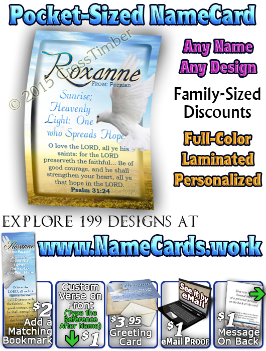 PC-AN14, Name Meaning Card, Wallet Sized, with Bible Verse Roxanne dove peace