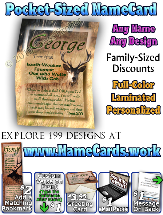 PC-AN35, Name Meaning Card, Wallet Sized, with Bible Verse elk hunt, hunter, deer buck george