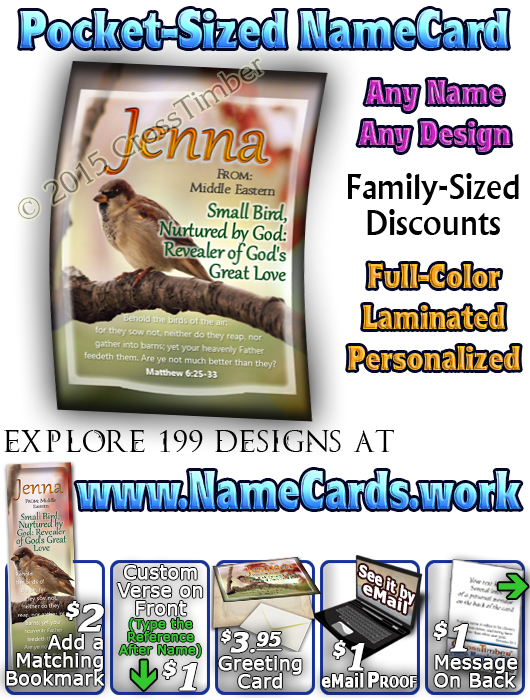 PC-AN63, Name Meaning Card, Wallet Sized, with Bible Verse Jenna bird birds sparrow