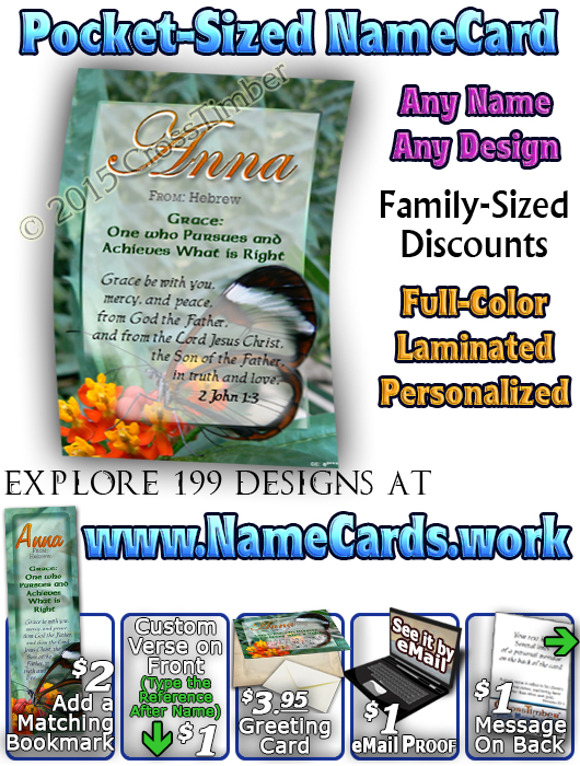 PC-BF13, Name Meaning Card, Wallet Sized, with Bible Verse butterfly  green garden Anna