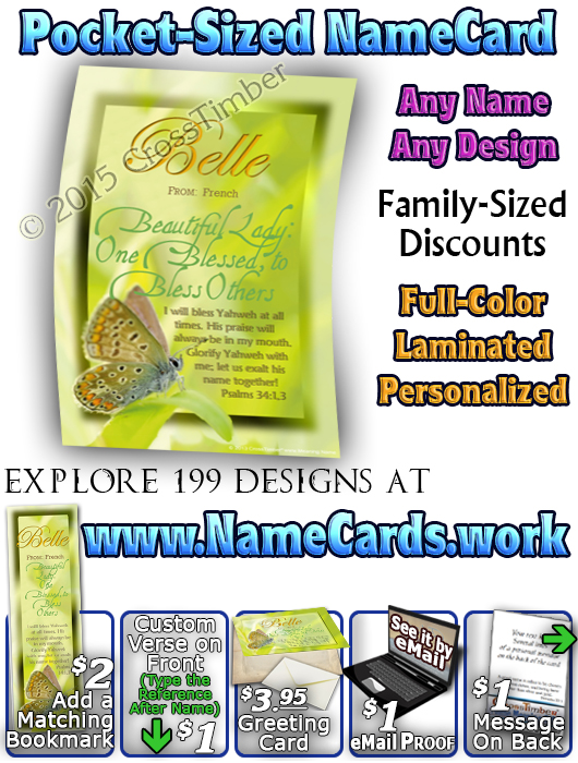 PC-BF14, Name Meaning Card, Wallet Sized, with Bible Verse butterfly belle green garden