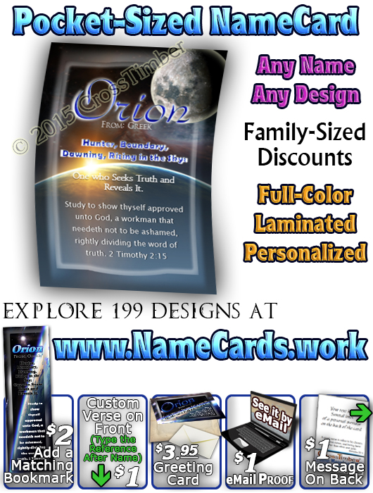 PC-CR02, Name Meaning Card, Wallet Sized, with Bible Verse, personalized, space planet Orion