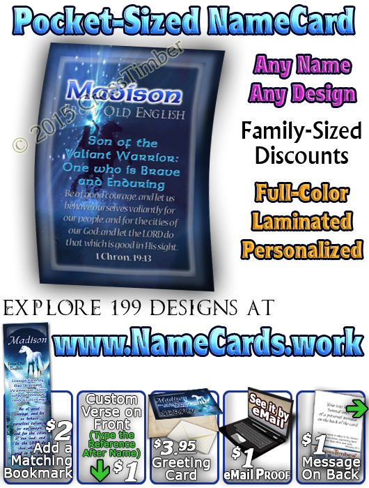 PC-CR09, Name Meaning Card, Wallet Sized, with Bible Verse, personalized, madison white horse moon