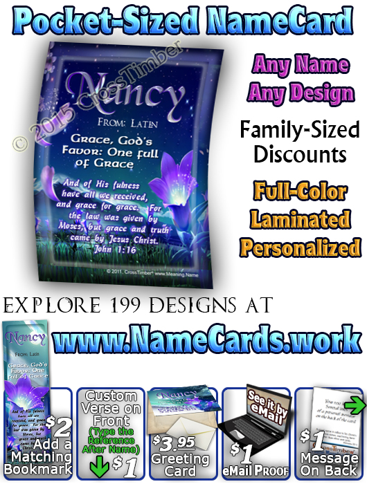 PC-FL29, Name Meaning Card, Wallet Sized, with Bible Verse, personalized, floral flower, fairy fantasy purple flower moon