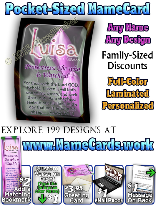 PC-FL34, Name Meaning Card, Wallet Sized, with Bible Verse, personalized, floral flower,  luisa purple pink flower