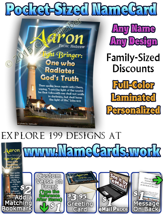 PC-LH16, Name Meaning Card, Wallet Sized, with Bible Verse, personalized, lighthouse light shine Aaron