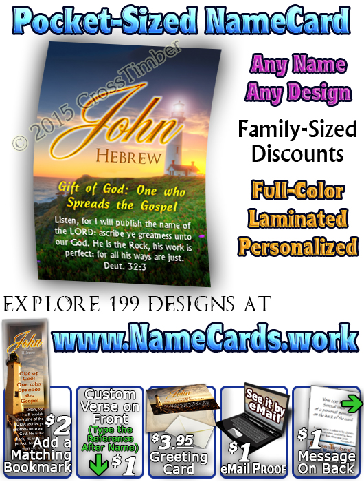 PC-LH33, Name Meaning Card, Wallet Sized, with Bible Verse, personalized, lighthouse light john
