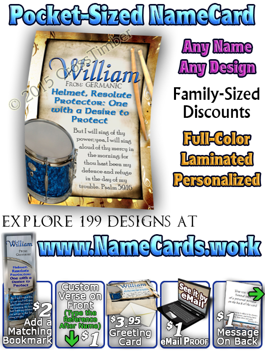 PC-MU02, Name Meaning Card, Wallet Sized, with Bible Verse, personalized, music notes William drums