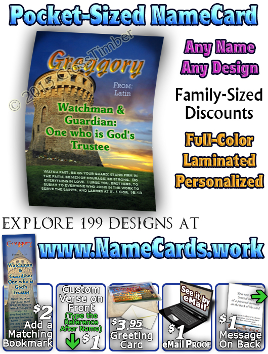 PC-SC02, Name Meaning Card, Wallet Sized, with Bible Verse, personalized, scenery castle keep Greggory
