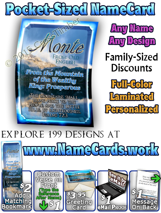 PC-SC26, Name Meaning Card, Wallet Sized, with Bible Verse, personalized, monte, mountain, lake