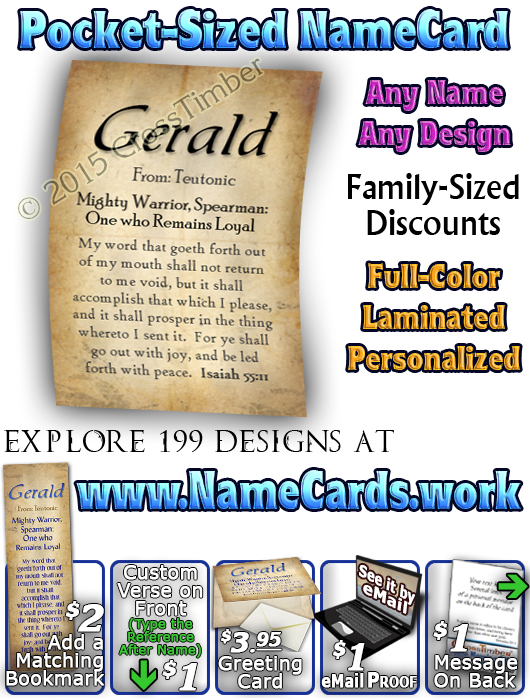 PC-SM03, Name Meaning Card, Wallet Sized, with Bible Verse, personalized, simple parchment Gerald