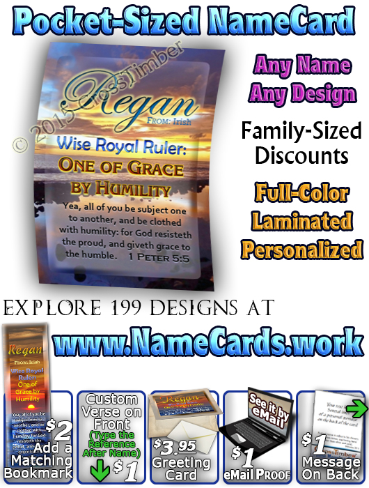 PC-SS06, Name Meaning Card, Wallet Sized, with Bible Verse, personalized, sunset sky sun regan