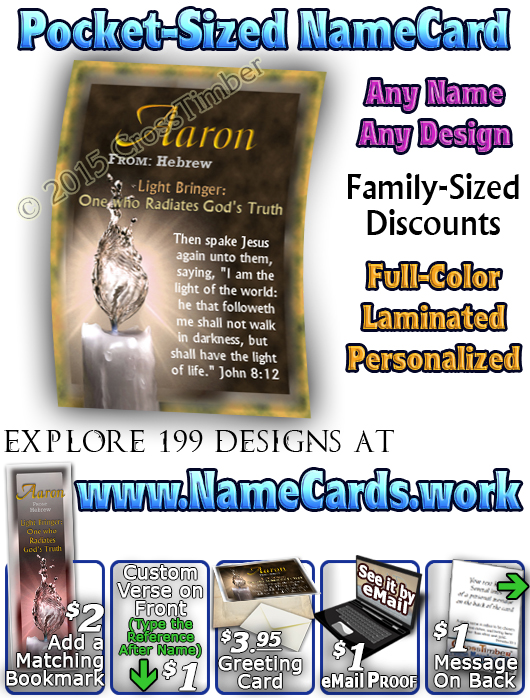 PC-SY25, Name Meaning Card, Wallet Sized, with Bible Verse, personalized, aaron light water candle