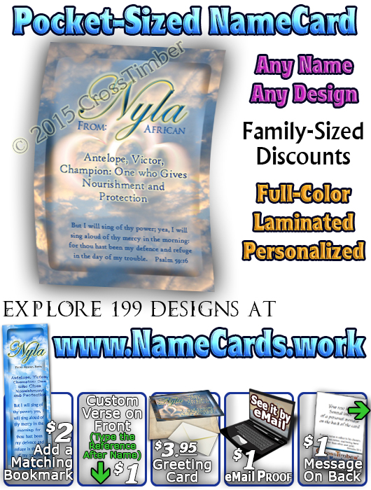 PC-SY30, Name Meaning Card, Wallet Sized, with Bible Verse, personalized, heart clouds sky sunset nyla
