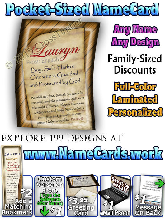 PC-SY44, Name Meaning Card, Wallet Sized, with Bible Verse, personalized, Lauryn book quill journal